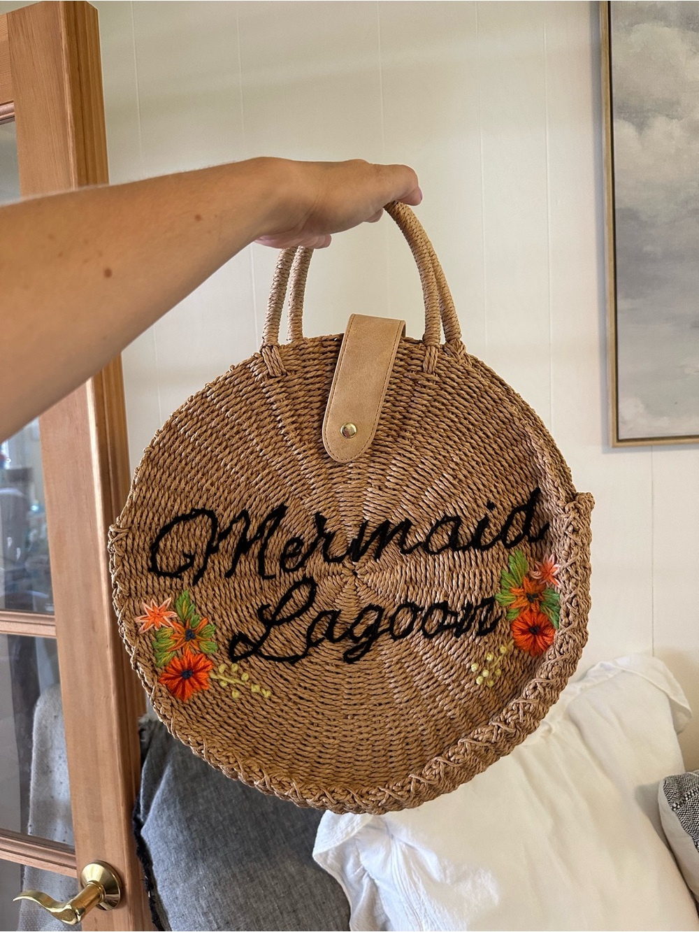 Loungefly Mermaid Lagoon Natural Straw Round Tote with Floral Embroidery